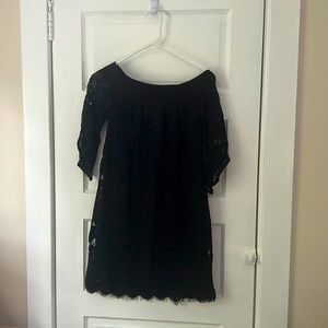 Off the Shoulder Lace Overlay Mini Dress